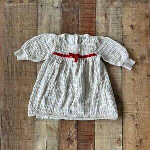 Janie & Jack Baby Girls 12-18M Cream Gold Long Sleeve Sweater Dress Red Bow